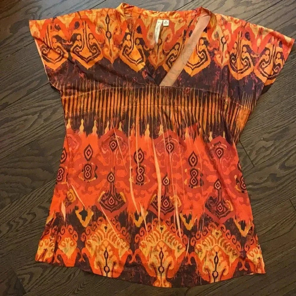 Susan Lawrence Tribal Aztec V-Neck Short Sleeve Orange Red Brown Blouse Size M - Picture 10 of 10